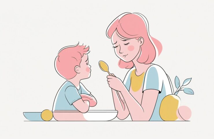 Bayi duduk manis di kursi makan, sedang mencoba makan MPASI dengan sendok kecil, wajahnya penuh semangat dan senyum kecil