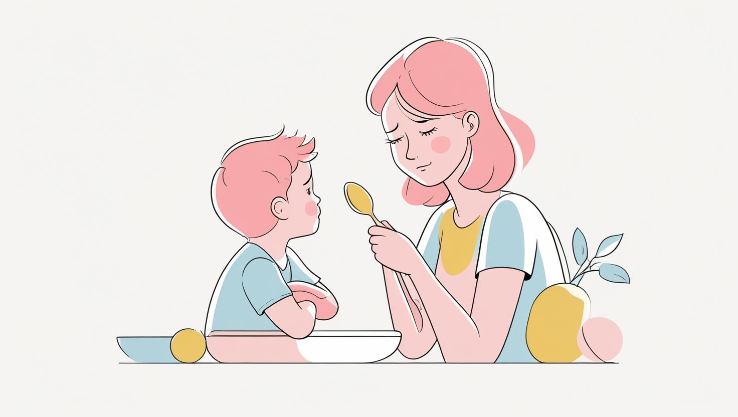 Bayi duduk manis di kursi makan, sedang mencoba makan MPASI dengan sendok kecil, wajahnya penuh semangat dan senyum kecil
