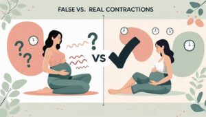 Ilustrasi perbandingan kontraksi palsu dan asli dengan tabel visual, seorang ibu hamil sedang mencatat waktu kontraksi di aplikasi ponsel, dan gambar jam kontraksi di latar belakang