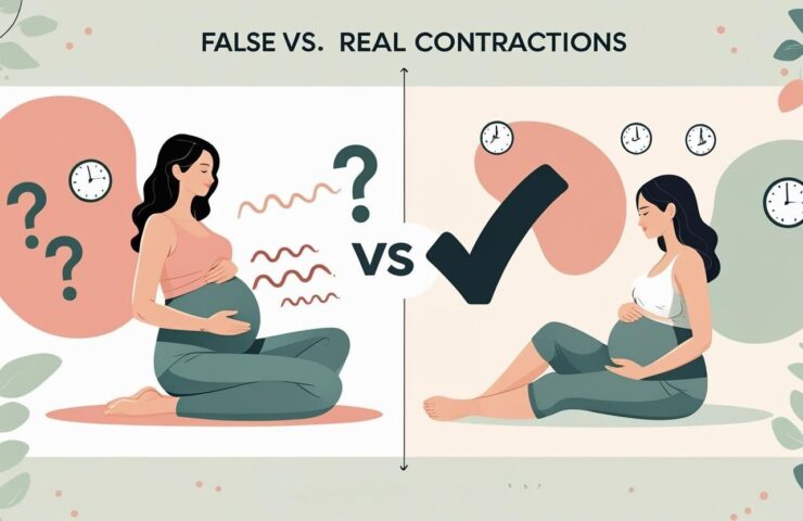 Ilustrasi perbandingan kontraksi palsu dan asli dengan tabel visual, seorang ibu hamil sedang mencatat waktu kontraksi di aplikasi ponsel, dan gambar jam kontraksi di latar belakang
