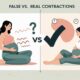 Ilustrasi perbandingan kontraksi palsu dan asli dengan tabel visual, seorang ibu hamil sedang mencatat waktu kontraksi di aplikasi ponsel, dan gambar jam kontraksi di latar belakang