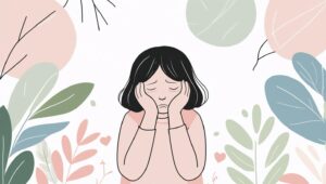 Ilustrasi anak kecil duduk di pojok ruangan dengan ekspresi murung, sementara orang tua sedang duduk di seberang dengan wajah khawatir tapi penuh kasih.