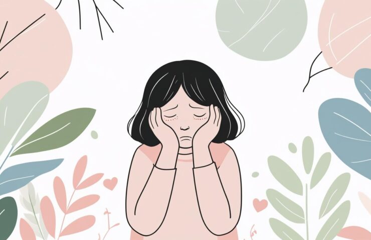 Ilustrasi anak kecil duduk di pojok ruangan dengan ekspresi murung, sementara orang tua sedang duduk di seberang dengan wajah khawatir tapi penuh kasih.