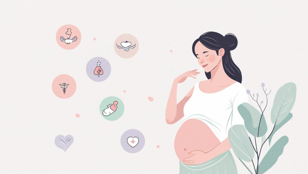 Ilustrasi seorang ibu hamil yang sedang merasakan tanda-tanda bayi sudah siap lahir, dengan gambar bayi yang sudah turun ke panggul, kontraksi ringan, dan cairan lendir bercampur darah.