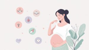 Ilustrasi seorang ibu hamil yang sedang merasakan tanda-tanda bayi sudah siap lahir, dengan gambar bayi yang sudah turun ke panggul, kontraksi ringan, dan cairan lendir bercampur darah.