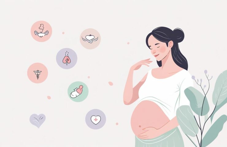 Ilustrasi seorang ibu hamil yang sedang merasakan tanda-tanda bayi sudah siap lahir, dengan gambar bayi yang sudah turun ke panggul, kontraksi ringan, dan cairan lendir bercampur darah.