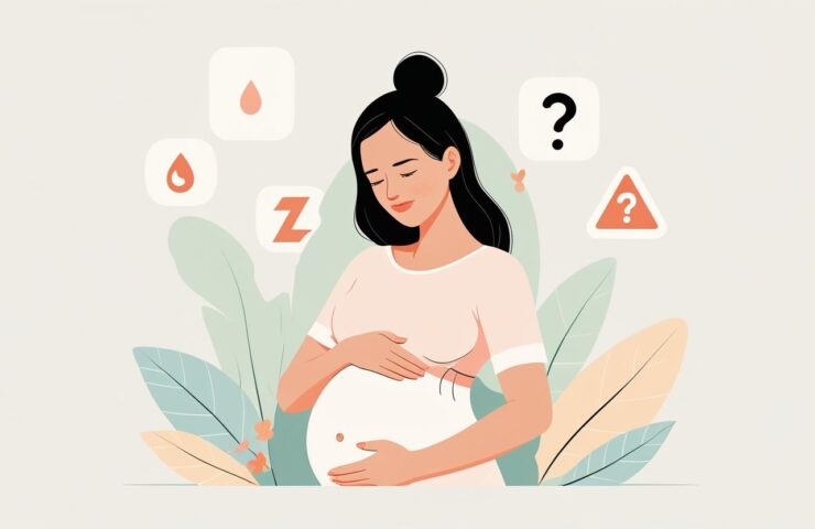 Ilustrasi seorang ibu hamil yang sedang mencatat tanda-tanda awal persalinan di buku harian kehamilan, dengan gambar tanda kontraksi, cairan ketuban, dan baby bump di latar belakang.