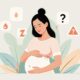 Ilustrasi seorang ibu hamil yang sedang mencatat tanda-tanda awal persalinan di buku harian kehamilan, dengan gambar tanda kontraksi, cairan ketuban, dan baby bump di latar belakang.