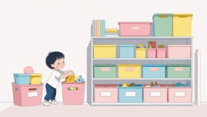 Anak-anak sedang merapikan mainan warna-warni ke dalam kotak transparan di ruang keluarga yang cerah dan nyaman.