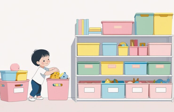 Anak-anak sedang merapikan mainan warna-warni ke dalam kotak transparan di ruang keluarga yang cerah dan nyaman.