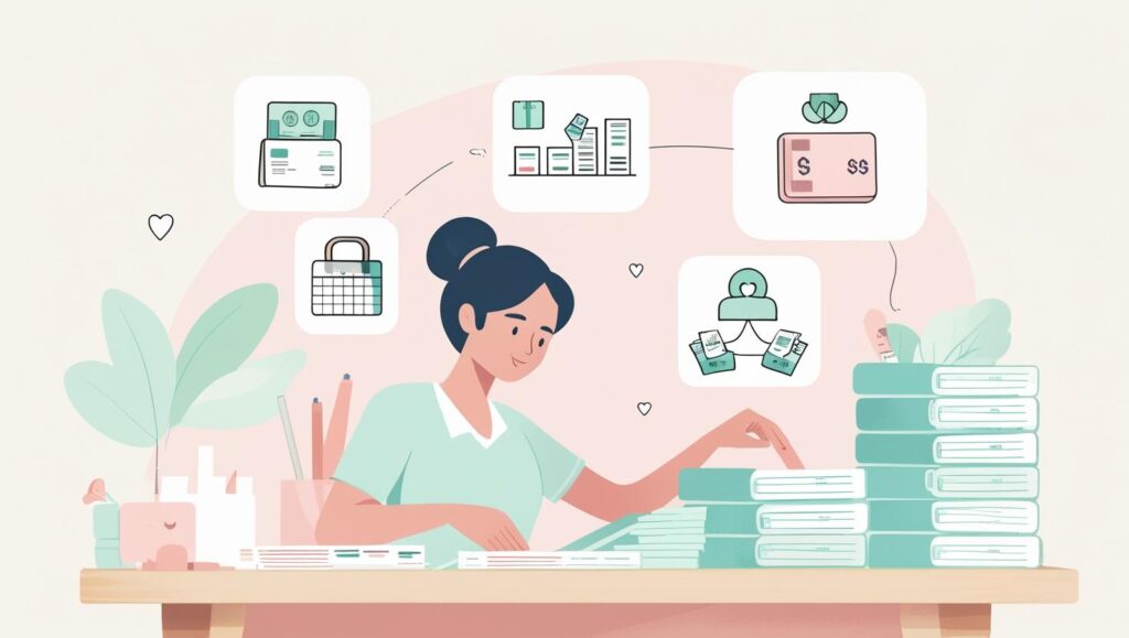 Ilustrasi keluarga sedang duduk santai di ruang tamu dengan chart pelunasan utang di dinding, piggy bank kosong yang mulai terisi, dan ekspresi lega setelah berhasil melunasi utang.