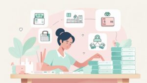 Ilustrasi keluarga sedang duduk santai di ruang tamu dengan chart pelunasan utang di dinding, piggy bank kosong yang mulai terisi, dan ekspresi lega setelah berhasil melunasi utang.