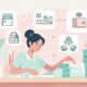 Ilustrasi keluarga sedang duduk santai di ruang tamu dengan chart pelunasan utang di dinding, piggy bank kosong yang mulai terisi, dan ekspresi lega setelah berhasil melunasi utang.
