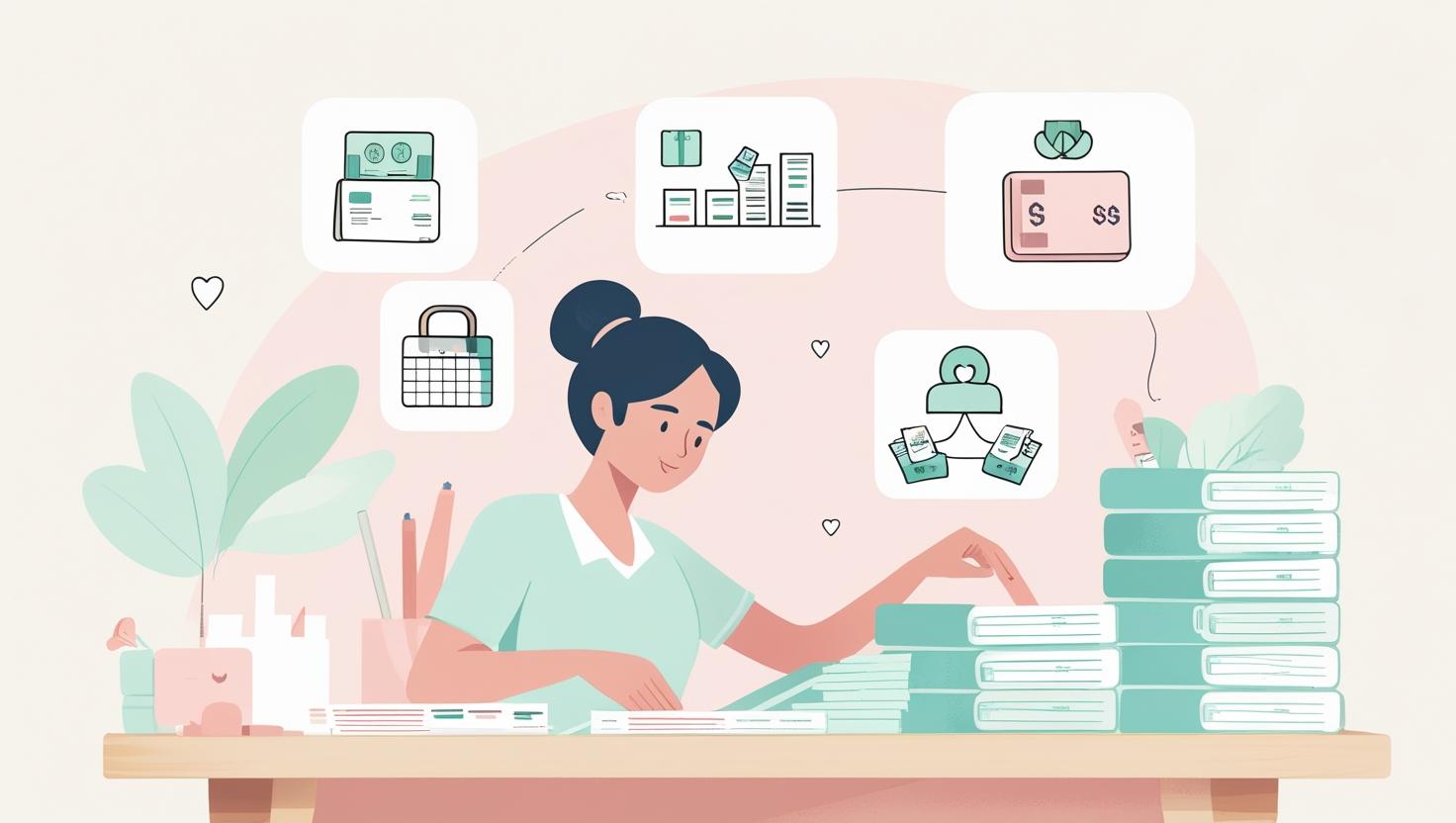 Ilustrasi keluarga sedang duduk santai di ruang tamu dengan chart pelunasan utang di dinding, piggy bank kosong yang mulai terisi, dan ekspresi lega setelah berhasil melunasi utang.