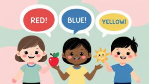 Anak anak belajar warna bahasa Inggris red blue yellow green dengan metode bermain interaktif, flashcard warna, treasure hunt warna, dan lagu edukatif