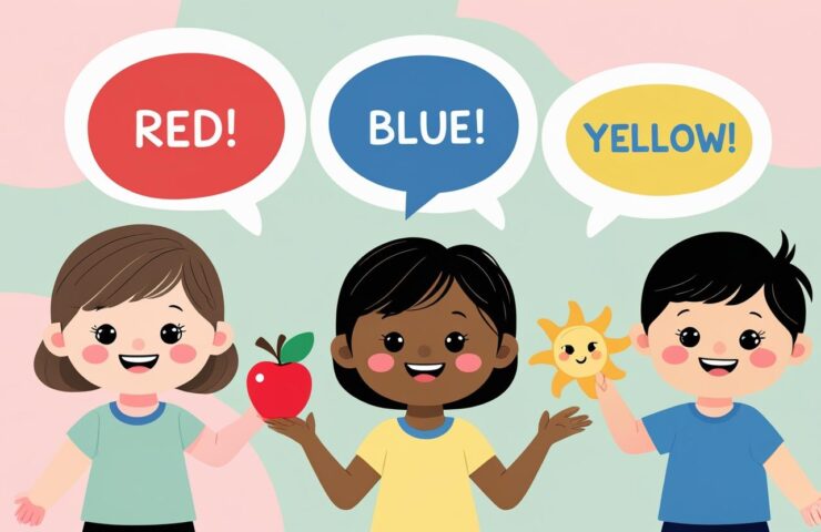 Anak anak belajar warna bahasa Inggris red blue yellow green dengan metode bermain interaktif, flashcard warna, treasure hunt warna, dan lagu edukatif