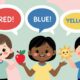 Anak anak belajar warna bahasa Inggris red blue yellow green dengan metode bermain interaktif, flashcard warna, treasure hunt warna, dan lagu edukatif